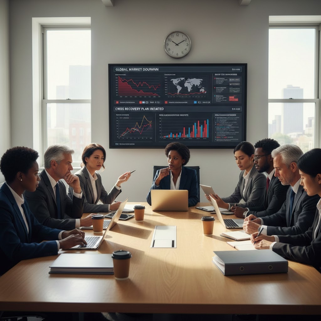 Fortune 500 leadership teams navigating corporate crisis recovery under intense pressure.