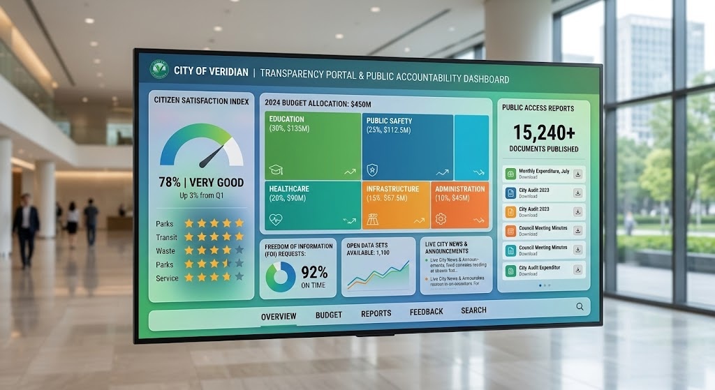 Public sector communications team reviewing transparency data dashboard