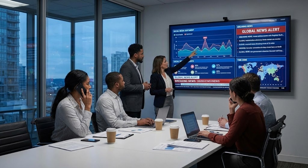 A PR team addressing a crisis situation in an office with TV screens for monitoring