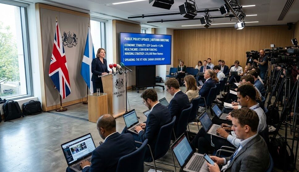 Government press briefing demonstrating transparent public sector communication