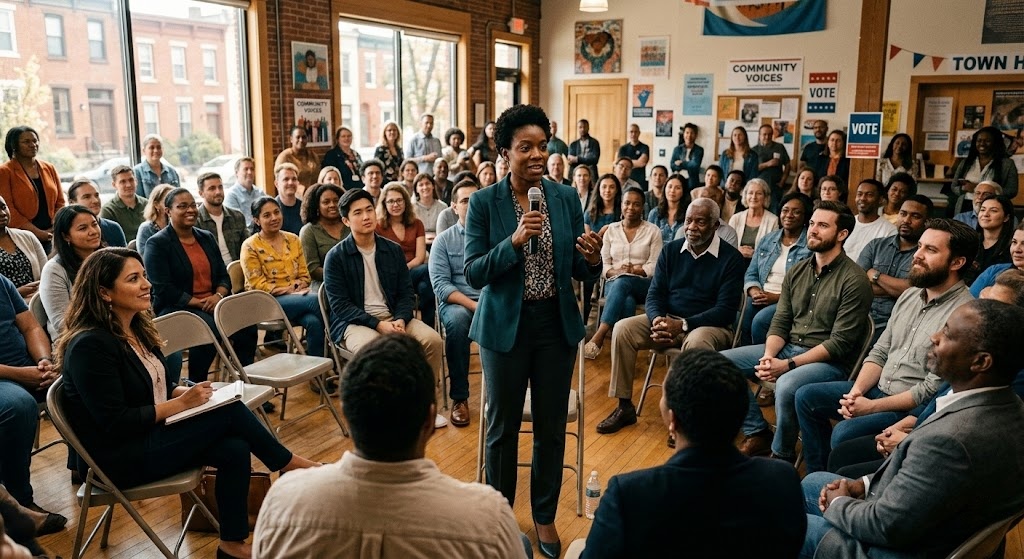 Community town hall meeting building long-term public trust in government