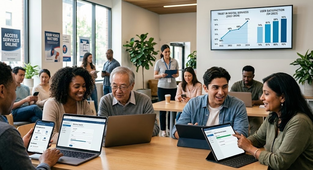 Citizens engaging with government digital communication platforms.