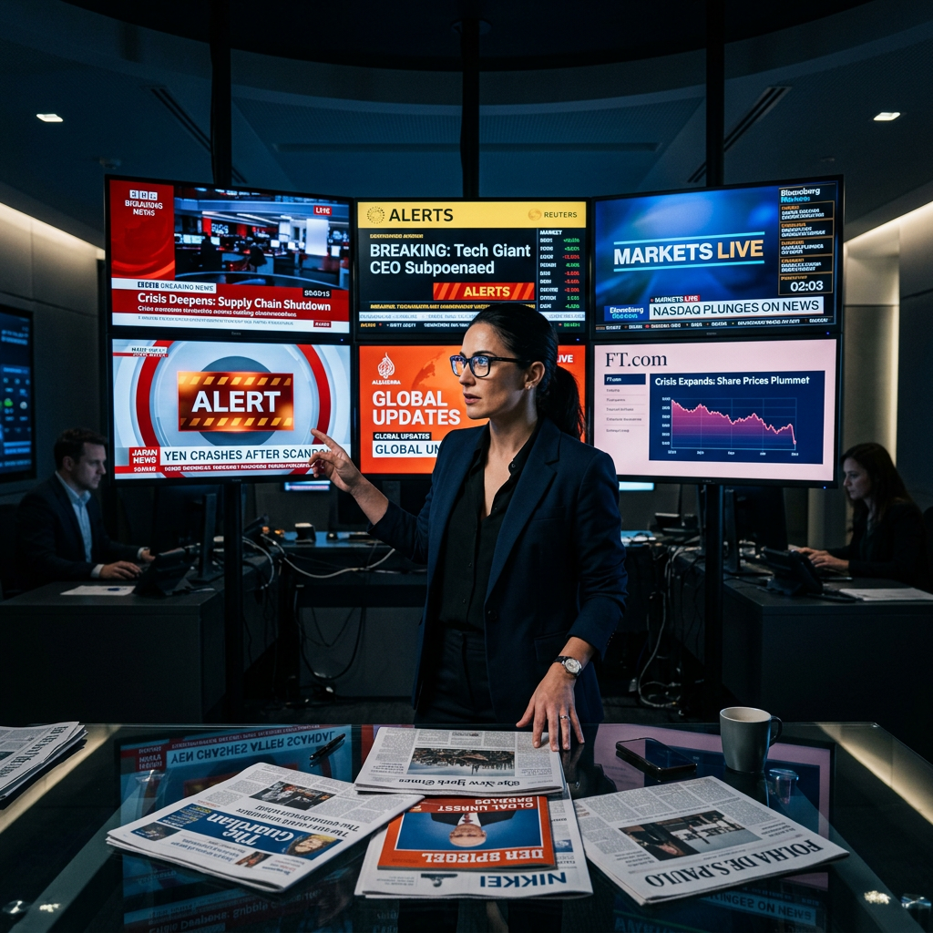  A senior international PR strategist reviewing global media coverage across multiple countries' newspapers and live digital screens in a modern global media monitoring centre