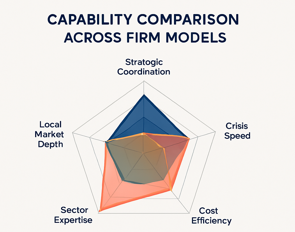 Infographic comparing four international PR firm models across five capability dimensions, including strategic coordination, local market depth, crisis speed, sector expertise, and cost efficiency
