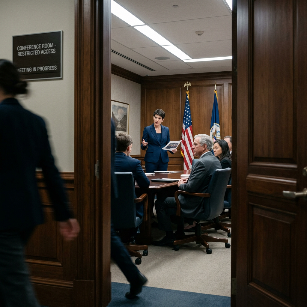 A global public relations firm senior partner briefing a senior government official and their communications team in a secure, formal government meeting room