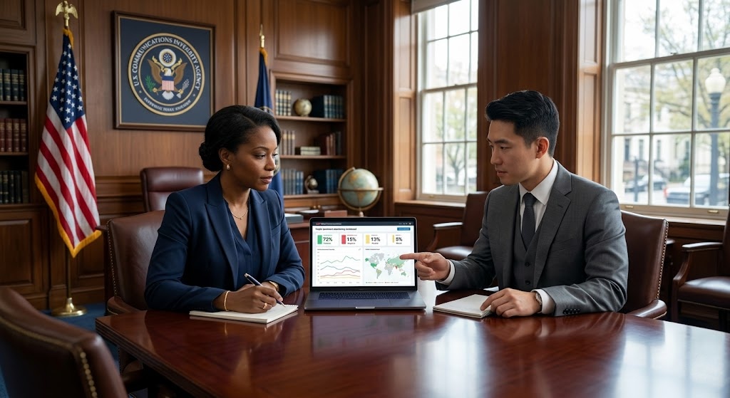 A government communications director and Spred Communications strategist reviewing a public sentiment report together on a secure laptop in a formal office