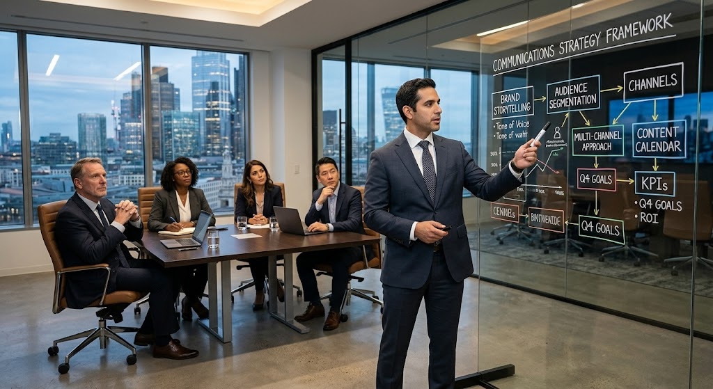 A senior communications strategist presenting a strategic communications plan to a Fortune 500 executive team in a high-end conference room