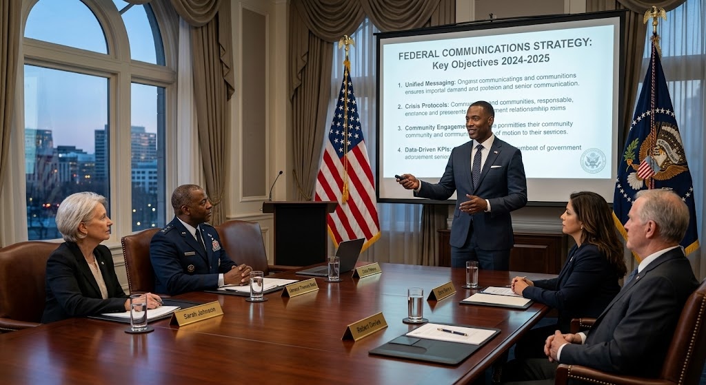 A government communications director presenting a strategic communications plan to agency leadership in a formal Washington D.C. conference room