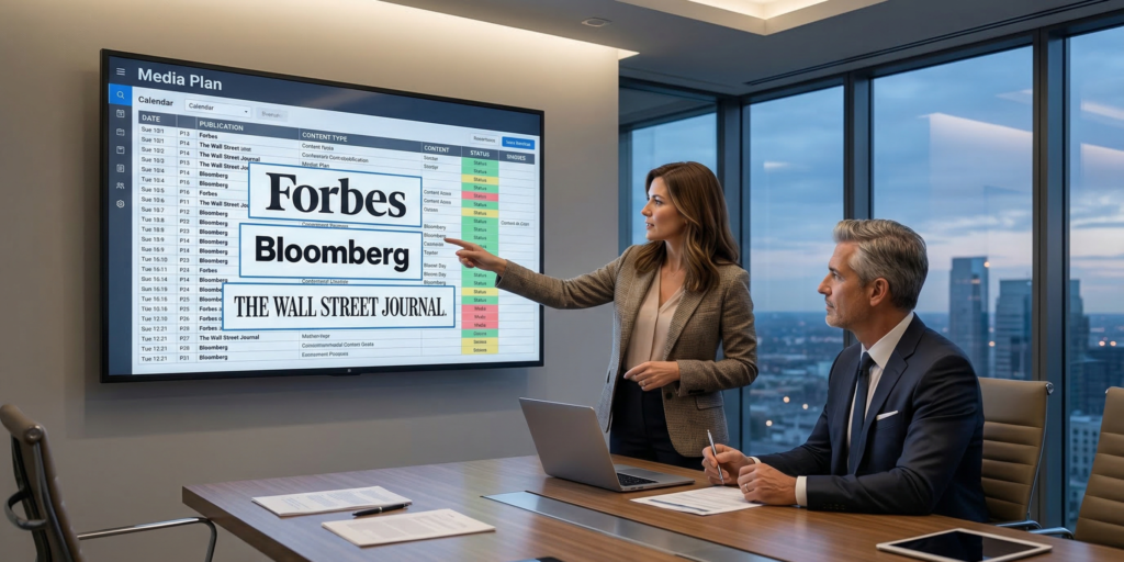 A senior PR strategist and client executive reviewing a customized media placement plan showing Forbes, Bloomberg, and WSJ targets on a large screen