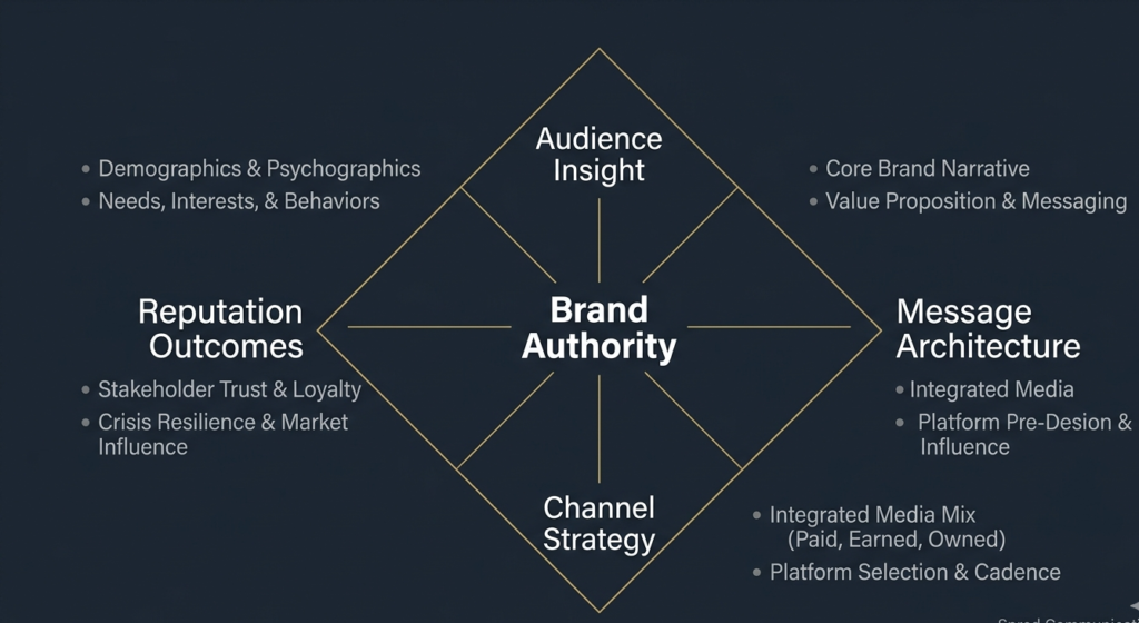 Diagram of a strategic communications framework showing the relationship between audience insight, message architecture, channel strategy, and reputation outcomes