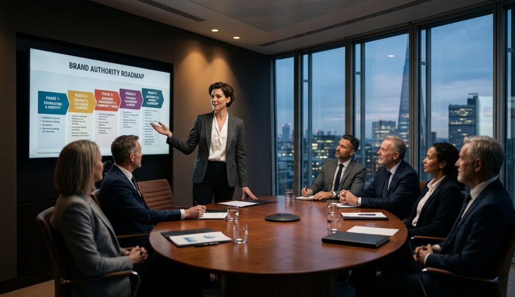  A senior strategic communications firm partner presenting a brand authority roadmap to a boardroom of Fortune 500 executives