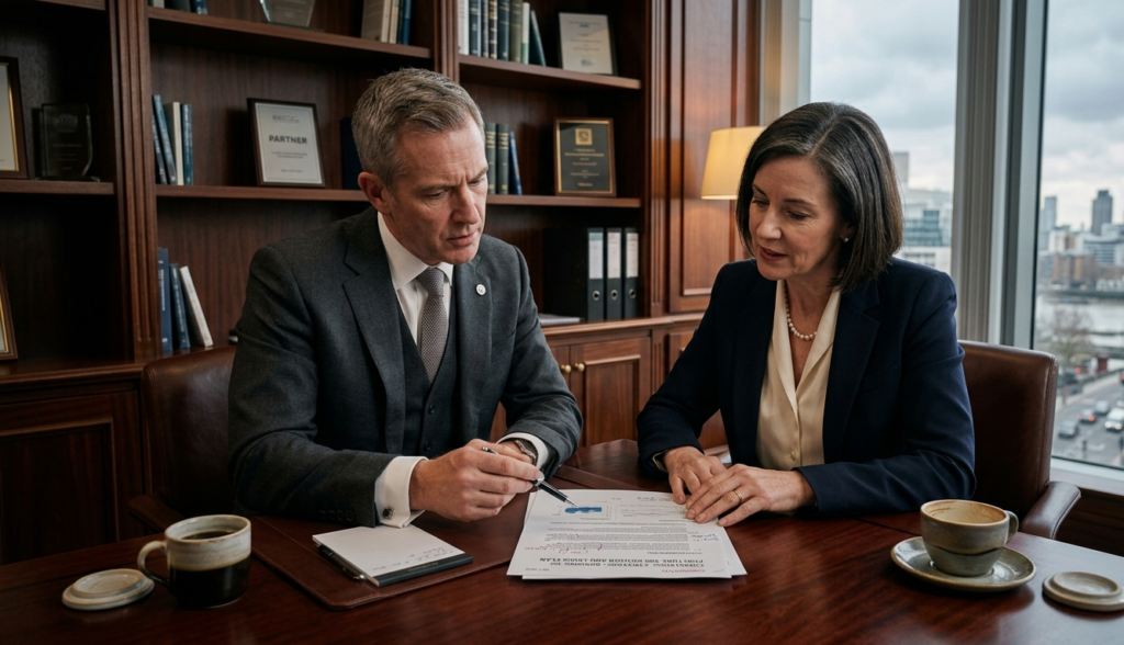  A strategic communications firm partner advising a Fortune 500 CEO in a private executive office, reviewing a confidential communications strategy document