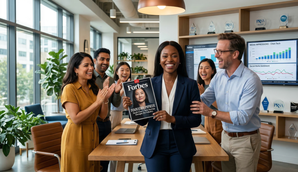A high-energy PR company team celebrating a major Forbes front-page media placement for a Fortune 500 client in a modern agency office