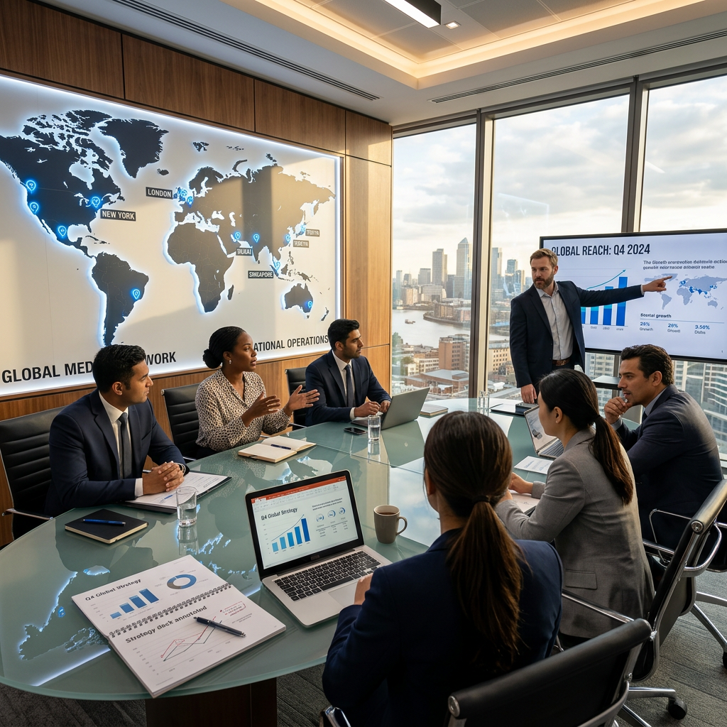 A diverse team of senior communications professionals from multiple countries gathered around a glass conference table, reviewing a global brand strategy in an international headquarters