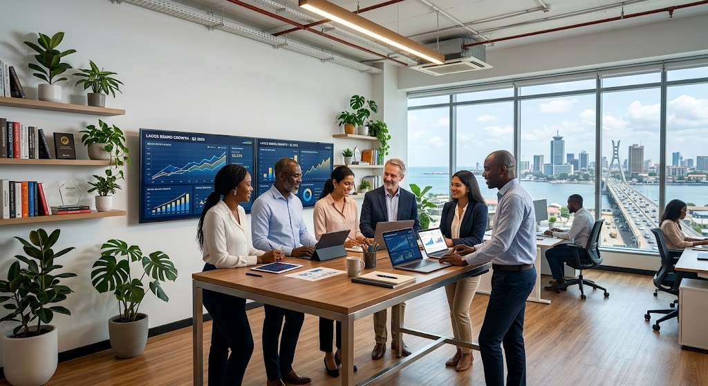  A diverse team inside a top marketing company reviewing brand growth analytics on large screens in a modern open-plan agency office