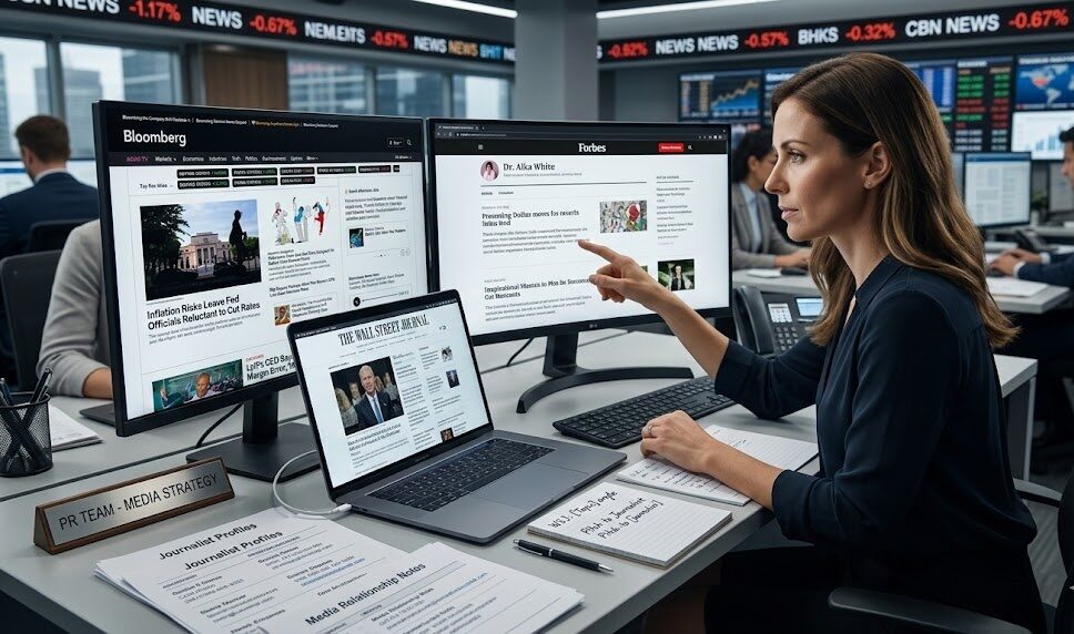 PR professional analyzing tier-one media placements and journalist relationships