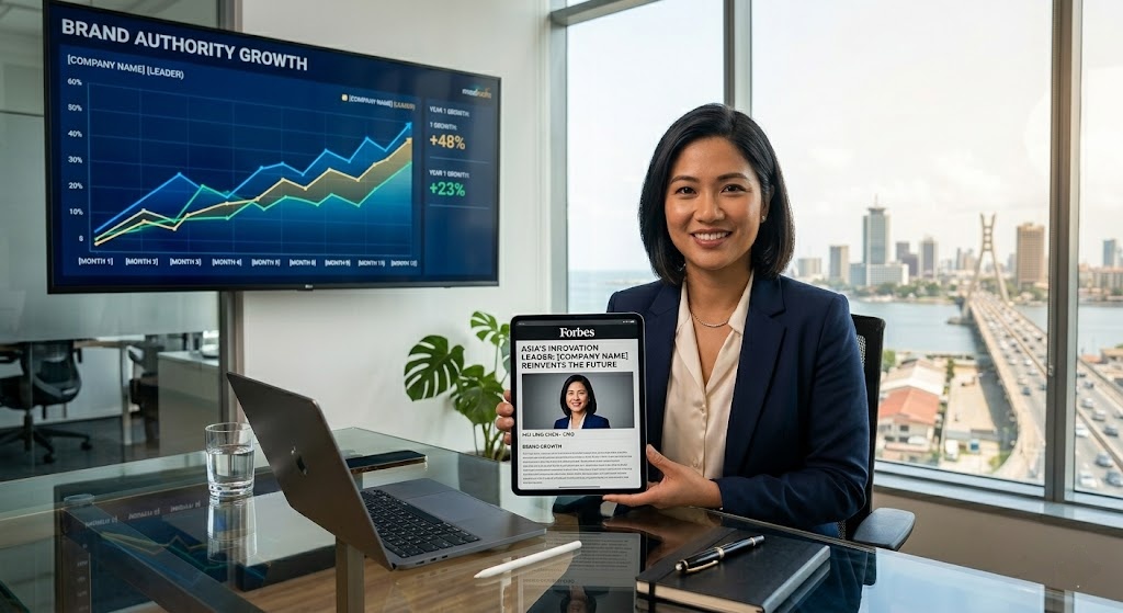  A Fortune 500 CMO reviewing earned media placements in Forbes, Bloomberg, and WSJ on a tablet, with a brand growth chart visible in the background