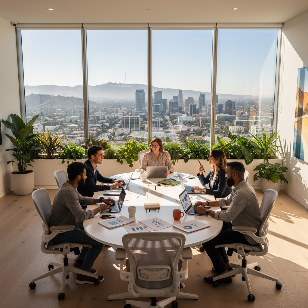 A sleek modern communications agency office in Los Angeles with a panoramic view of the LA skyline and a diverse team working on brand strategy