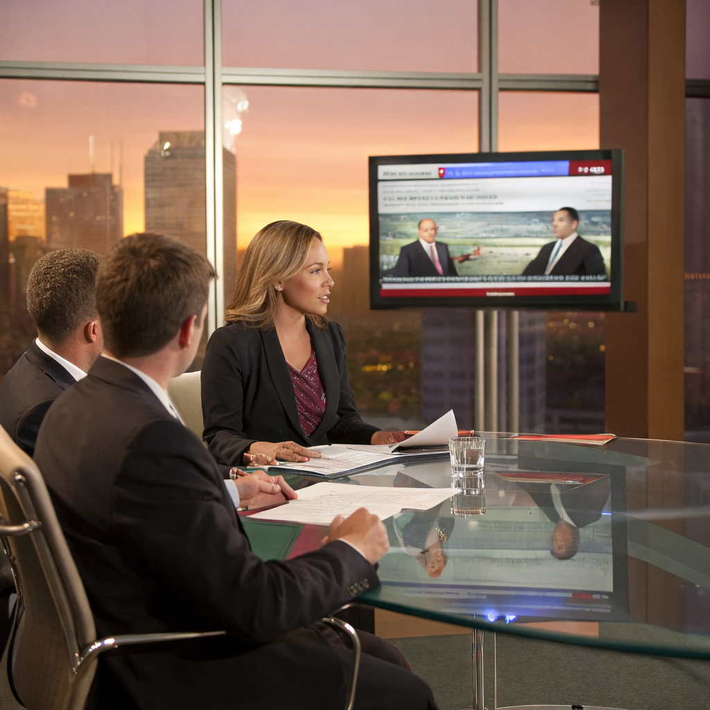 A confident executive at a sleek boardroom table reviewing media coverage on a large screen, controlling the narrative during a brand crisis