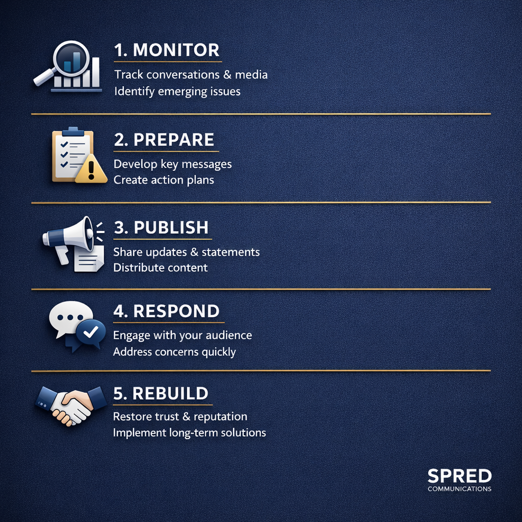 : Infographic showing a five-step process to control the narrative in a corporate reputation defense strategy