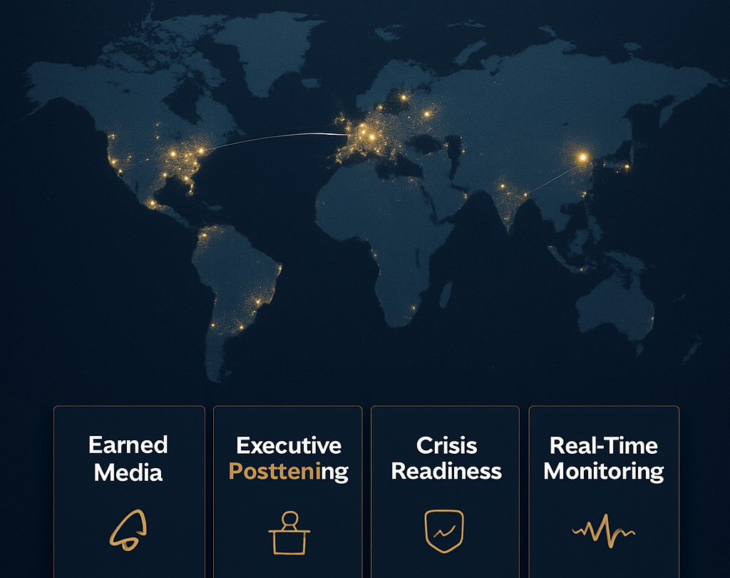 Infographic showing a global communications firm's four-pillar strategy across earned media, executive positioning, crisis readiness, and real-time monitoring overlaid on a world map
