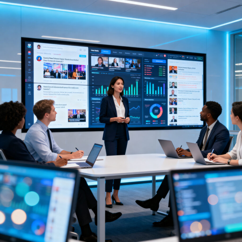 : Spred Communications team of diverse professionals in a high-tech media monitoring room managing reputation strategy for a Fortune 500 client