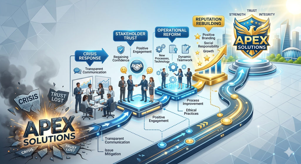 Visual representation of a reputation recovery timeline showing stages of rebuilding trust after a corporate crisis.