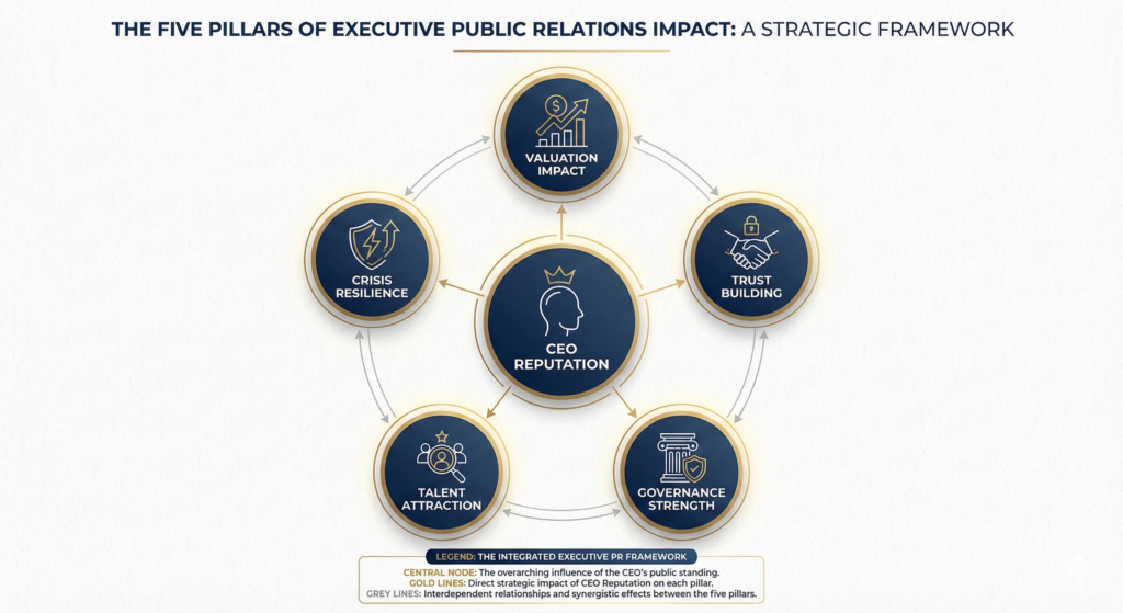 Executive public relations framework showing five business impact areas connected to CEO reputation management strategy