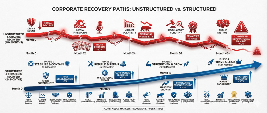 Enterprise reputation management crisis recovery timeline comparing 24-month structured recovery versus 48-month unmanaged trust collapse