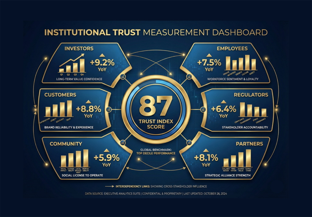 Enterprise reputation management, Trust Resilience Index dashboard showing six stakeholder measurement categories for institutional trust scoring