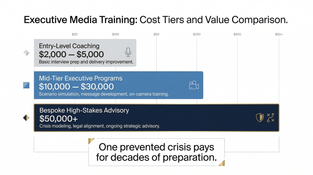 Executive media training cost comparison chart showing three pricing tiers for leadership media preparation programs