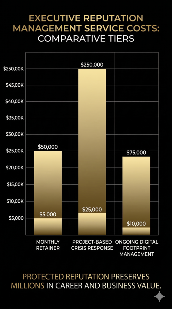 Executive reputation management services cost comparison chart showing retainer and crisis pricing tiers