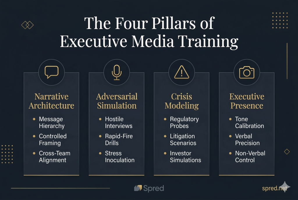 Executive media training framework infographic showing four core pillars of leadership media preparation by Spred