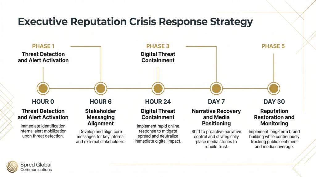 Executive reputation management crisis response timeline from threat detection to reputation restoration