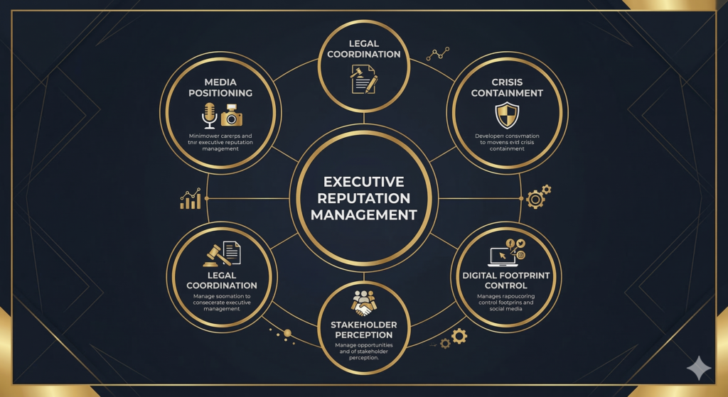 Executive reputation management framework showing five strategic pillars for elite leader protection