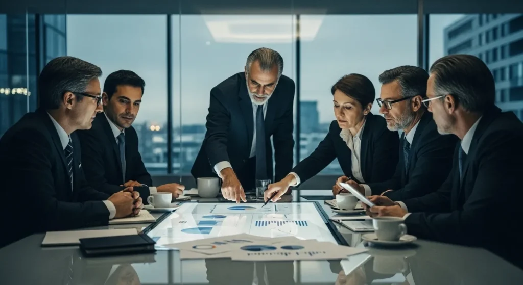 Senior executives in a glass boardroom or strategy war-room