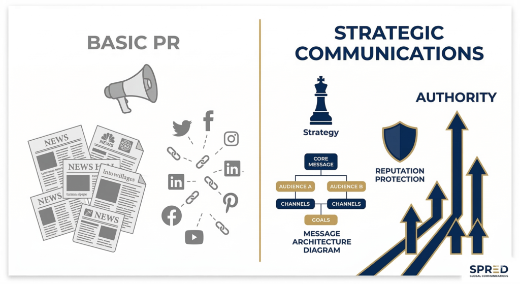 Communication agency New York infographic comparing strategic communications and basic PR approaches by Spred Global Communications