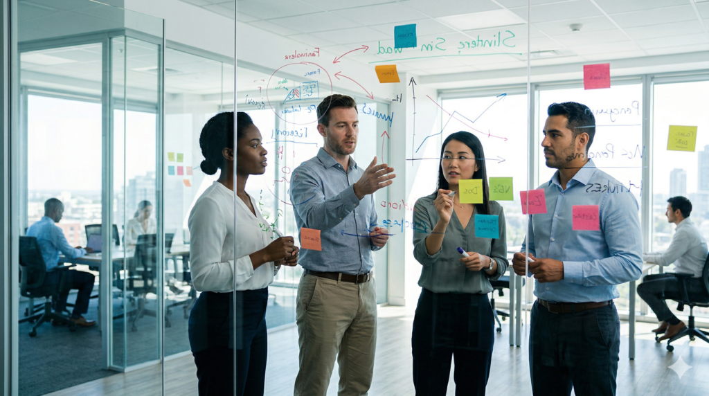 Team collaboration session focused on building thought leadership and business strategy