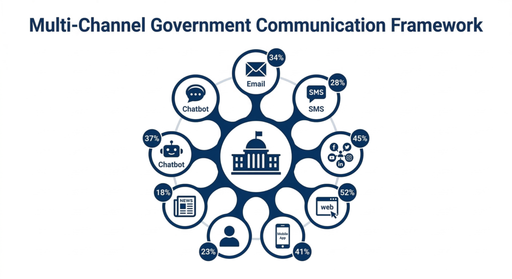 Government communication channels infographic showing a multi-channel citizen engagement framework with email, SMS, social media, and web portal statistics