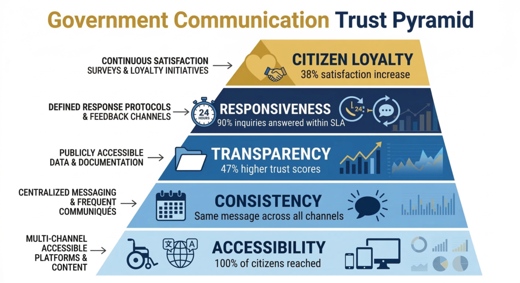 Government communication trust-building pyramid showing five levels from accessibility to citizen loyalty, with statistics and engagement benchmarks
