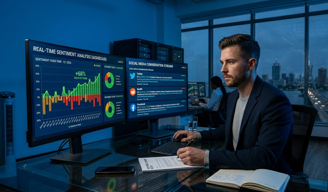 A data analyst reviewing a real-time public sentiment dashboard showing emotional reactions to a brand across social media and news outlets