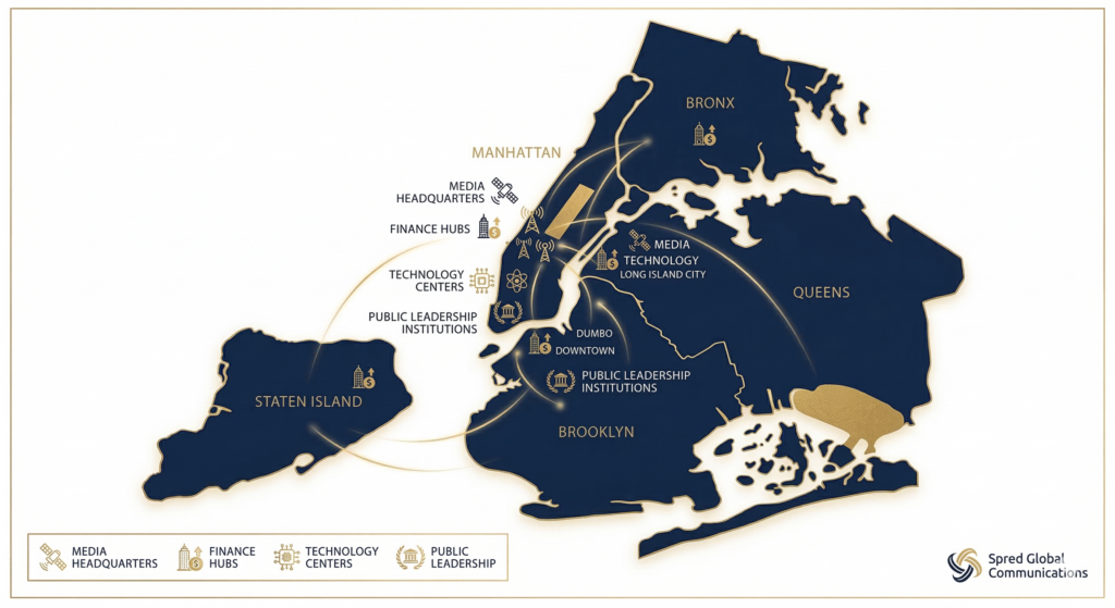 Communication agency New York map showing media finance and technology influence centers across the New York City boroughs