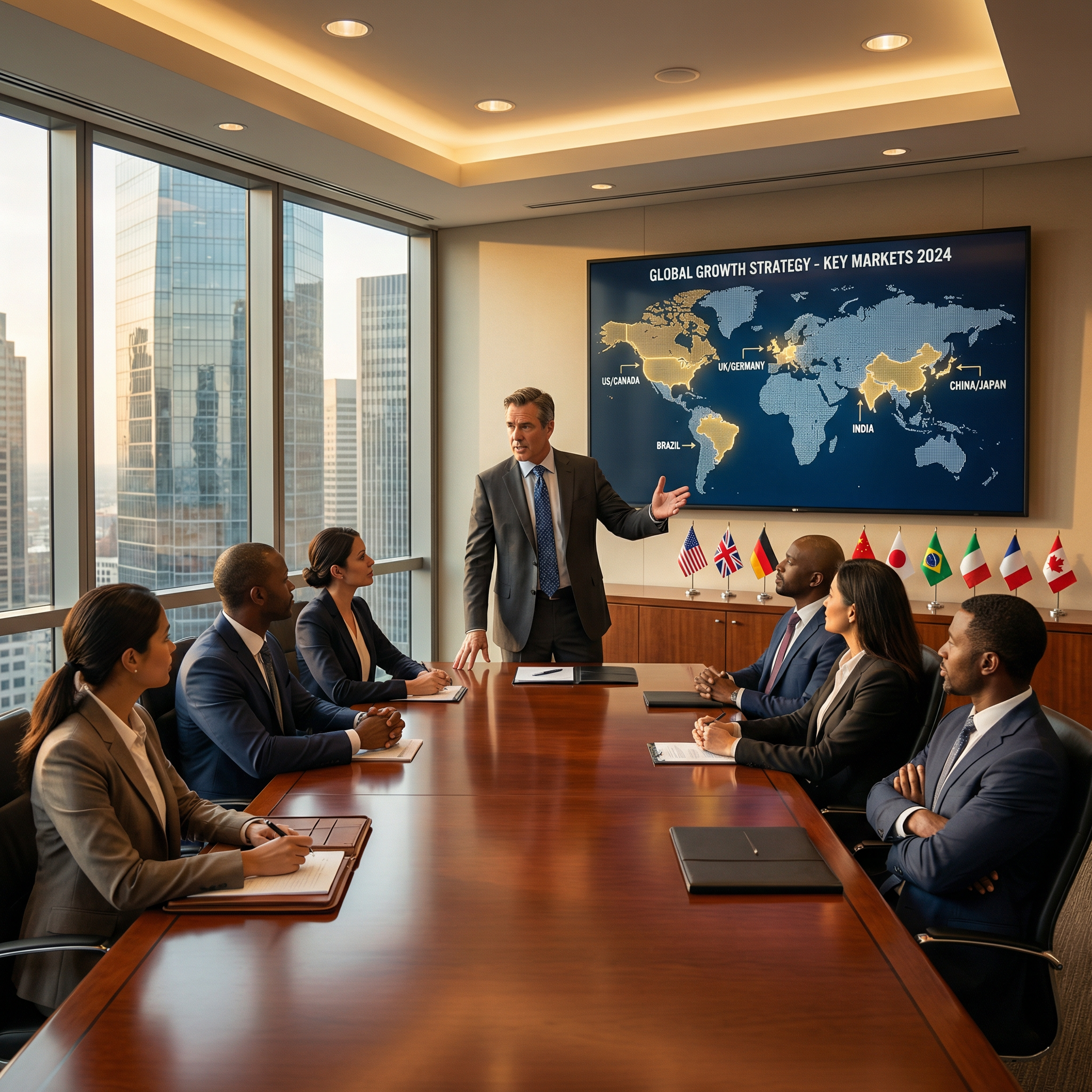  A global communications firm senior partner presenting an international brand authority roadmap to a multinational executive team in a high-end boardroom with world city flags visible