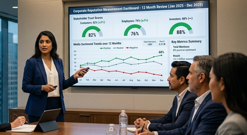 A communications strategist presenting a corporate reputation measurement dashboard to senior leadership, showing stakeholder trust scores and media sentiment trends over 12 months