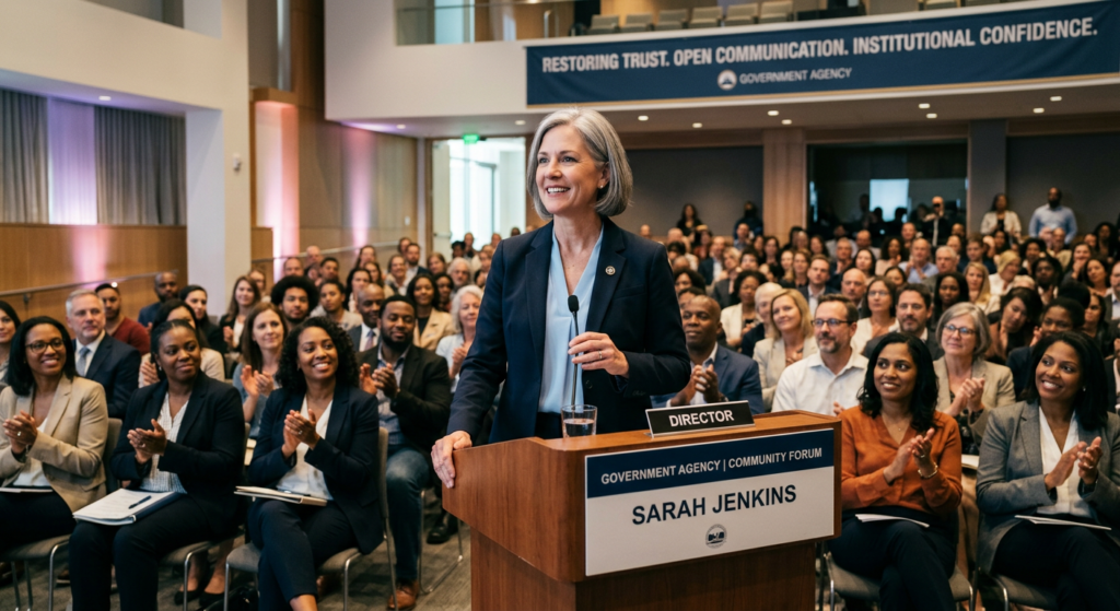 Government agency director communicating transparently at a public forum, rebuilding public sector reputation and citizen trust
