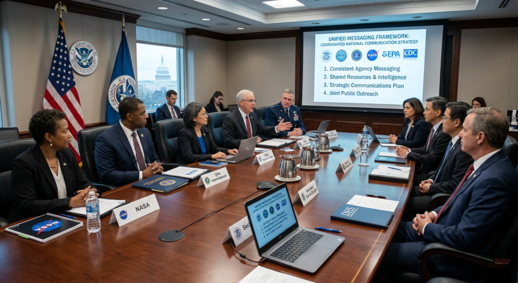 Senior officials from multiple federal agencies collaborating on a unified interagency communications framework