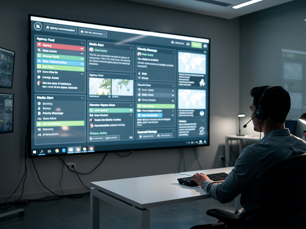 Government communications coordinator monitoring real-time interagency messaging output to identify contradictions before they reach the public
