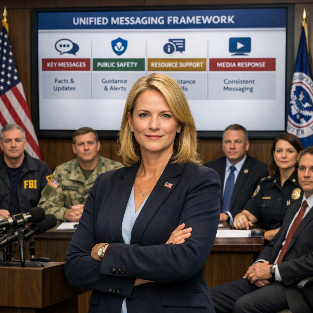 Government communications lead presenting a unified intergovernmental messaging framework to federal, state, and local agency representatives