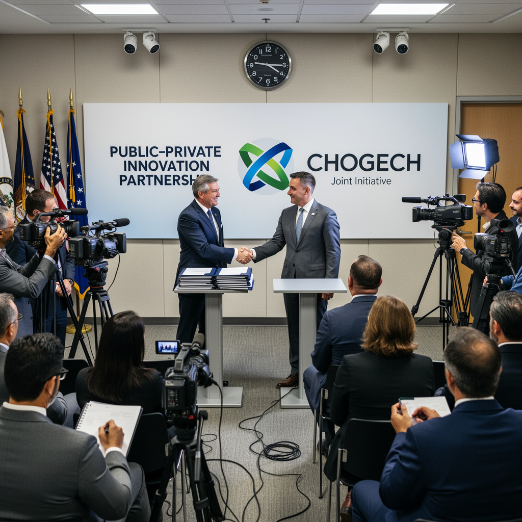 Government official and private sector executive announcing a public-private partnership at a formal joint press conference