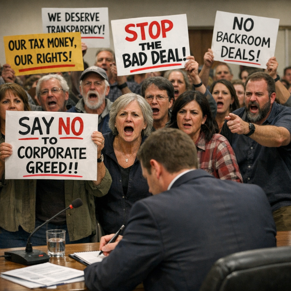 : Citizens expressing opposition at a public meeting about a government partnership, illustrating the consequences of inadequate PPP communications strategy